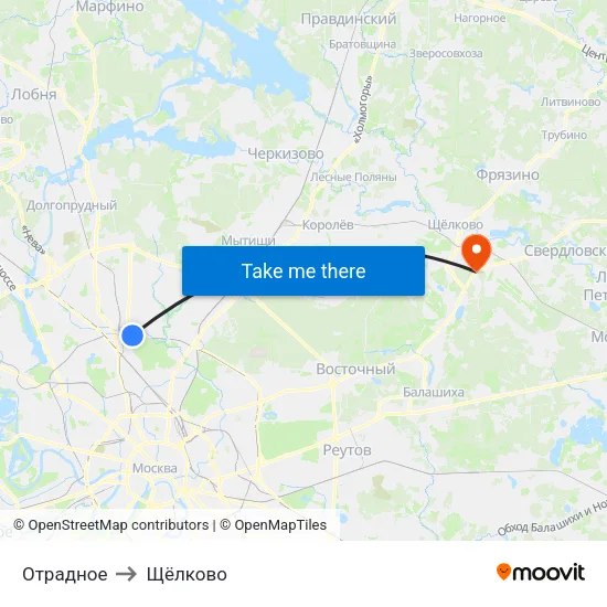 Отрадное to Щёлково map