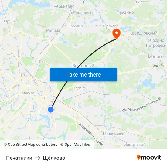 Печатники to Щёлково map