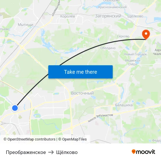 Преображенское to Щёлково map