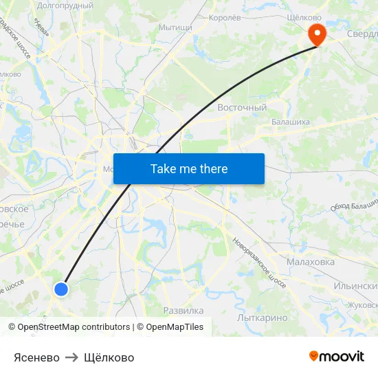 Ясенево to Щёлково map