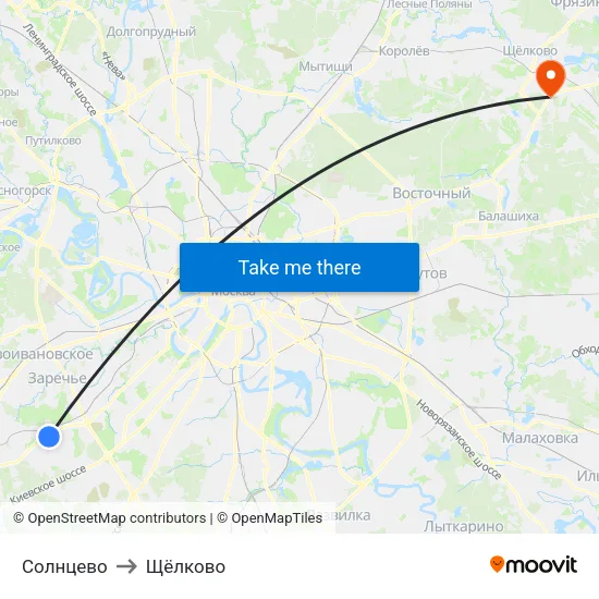 Солнцево to Щёлково map