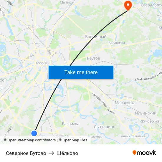Северное Бутово to Щёлково map