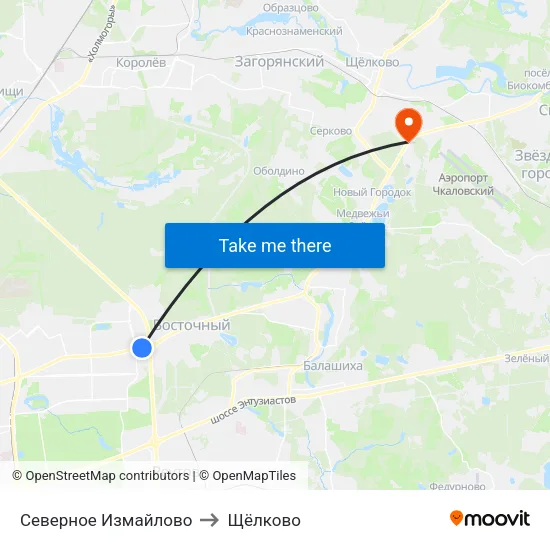 Северное Измайлово to Щёлково map