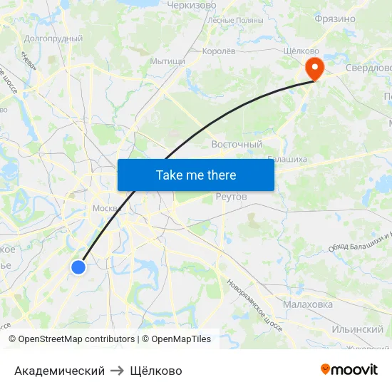 Академический to Щёлково map