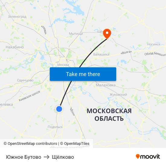 Южное Бутово to Щёлково map