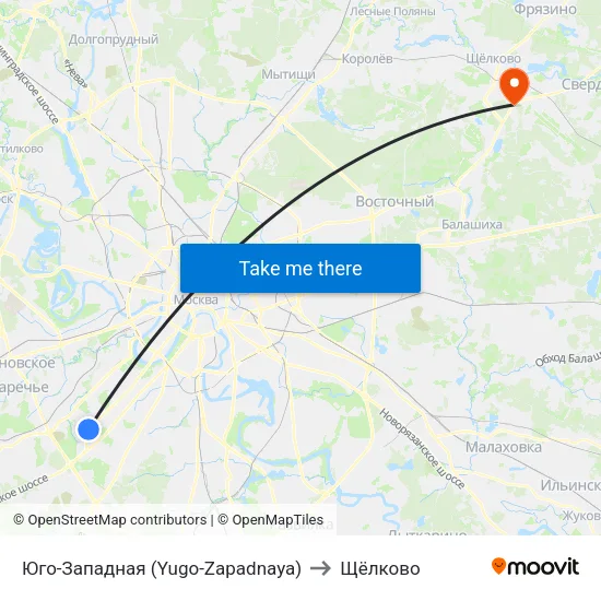 Юго-Западная (Yugo-Zapadnaya) to Щёлково map
