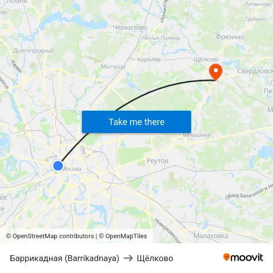 Баррикадная (Barrikadnaya) to Щёлково map