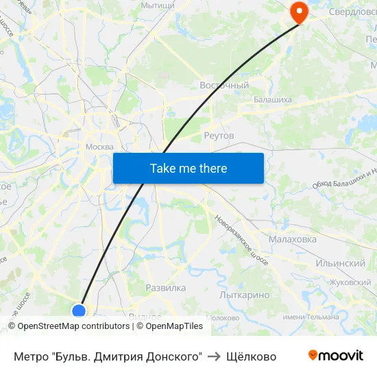 Метро "Бульв. Дмитрия Донского" to Щёлково map