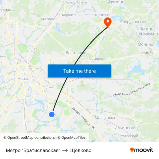 Метро "Братиславская" to Щёлково map