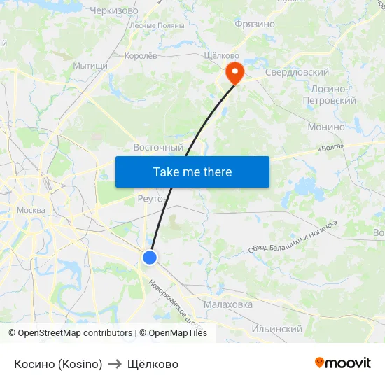 Косино (Kosino) to Щёлково map
