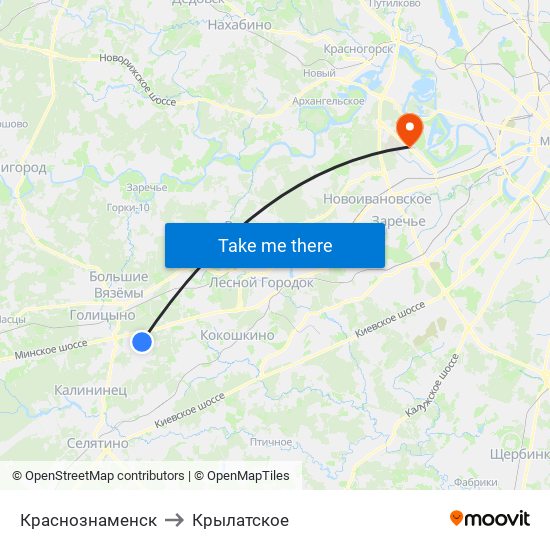 Краснознаменск to Крылатское map