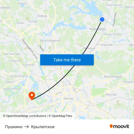 Пушкино to Крылатское map