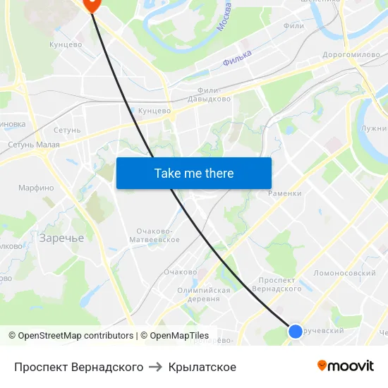 Проспект Вернадского to Крылатское map
