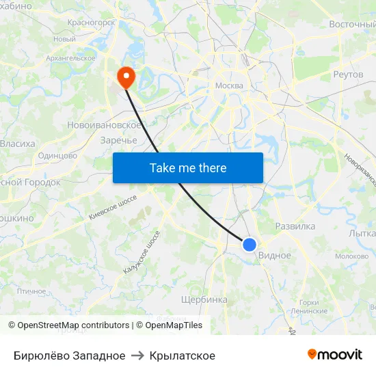 Бирюлёво Западное to Крылатское map