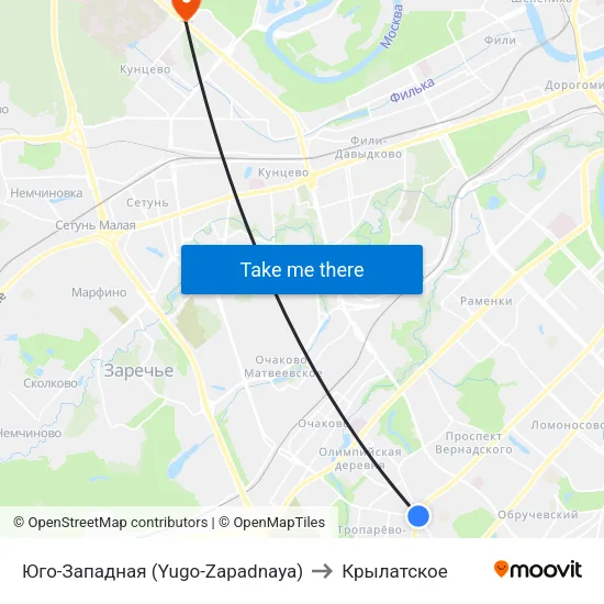 Юго-Западная (Yugo-Zapadnaya) to Крылатское map