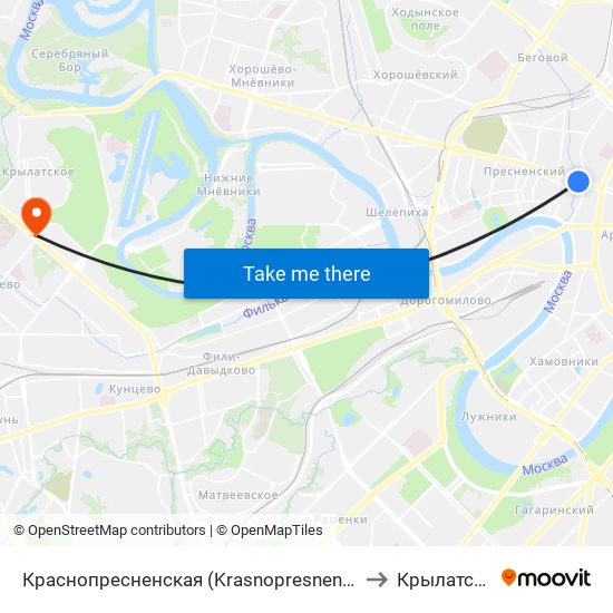 Краснопресненская (Krasnopresnenskaya) to Крылатское map