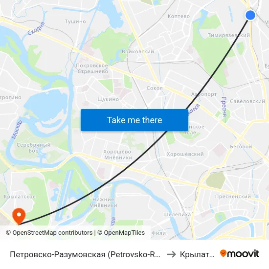 Петровско-Разумовская (Petrovsko-Razumovskaya) to Крылатское map