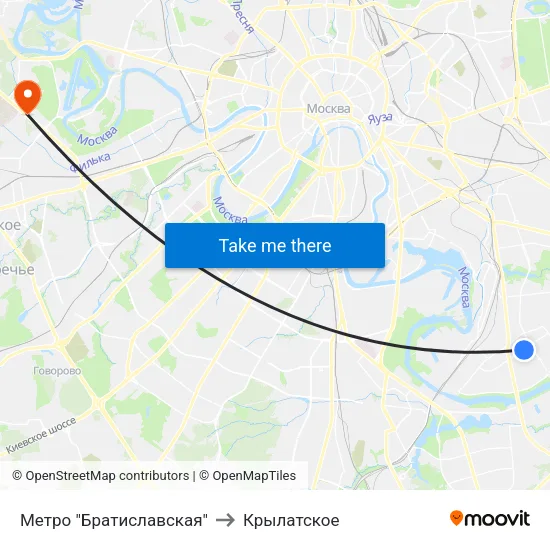 Метро "Братиславская" to Крылатское map