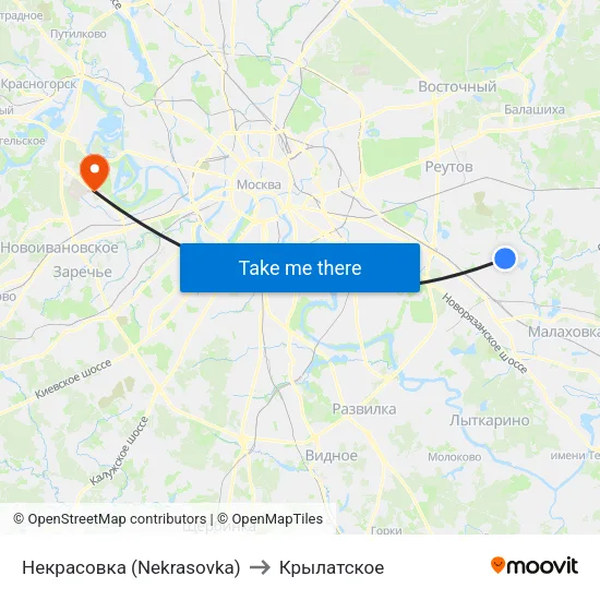 Некрасовка (Nekrasovka) to Крылатское map