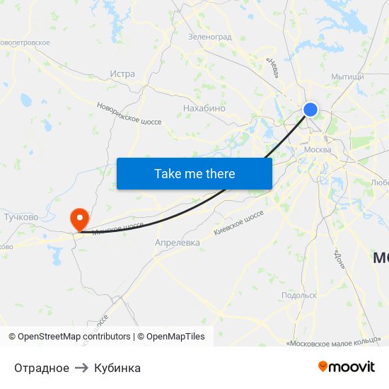 Отрадное to Кубинка map