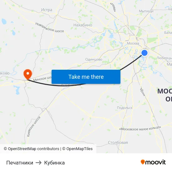 Печатники to Кубинка map
