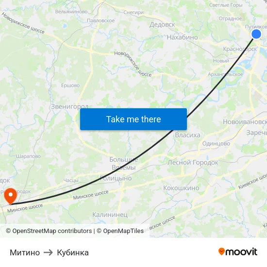 Митино to Кубинка map