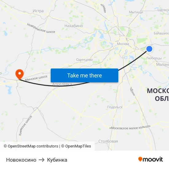 Новокосино to Кубинка map