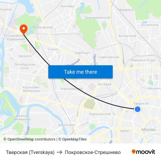 Тверская (Tverskaya) to Покровское-Стрешнево map