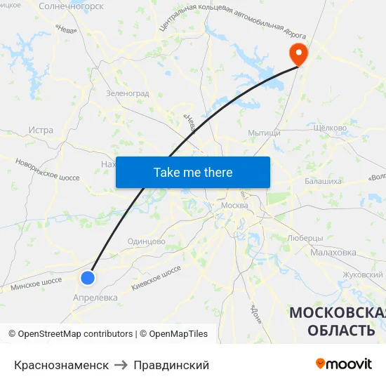 Краснознаменск to Правдинский map