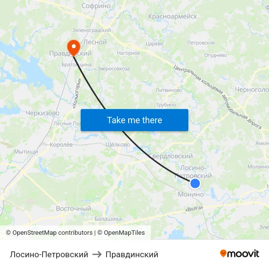 Лосино-Петровский to Правдинский map
