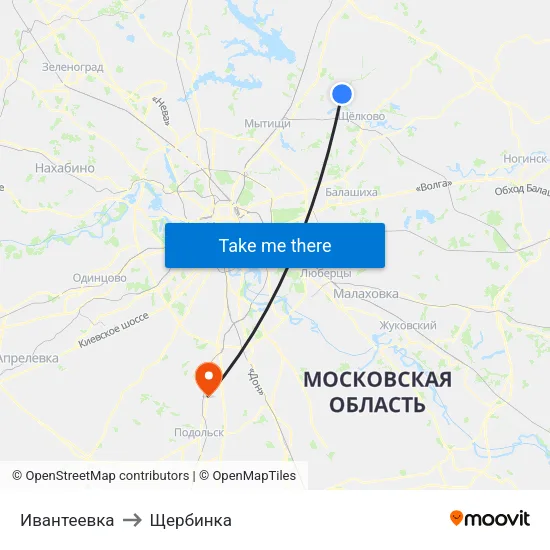 Ивантеевка to Щербинка map