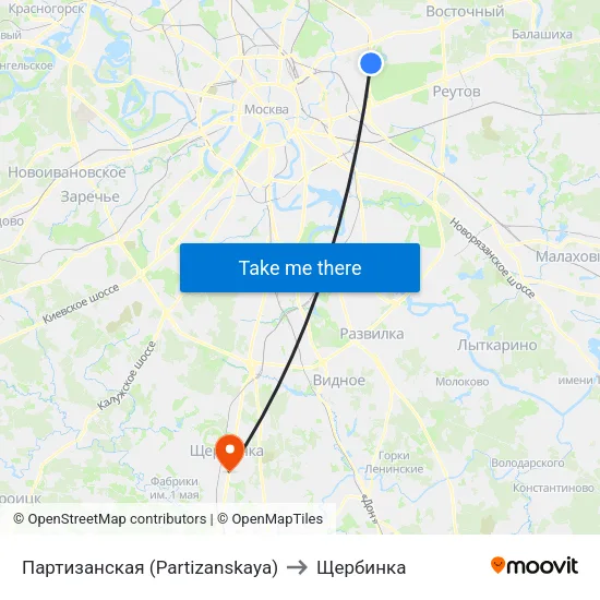 Партизанская (Partizanskaya) to Щербинка map