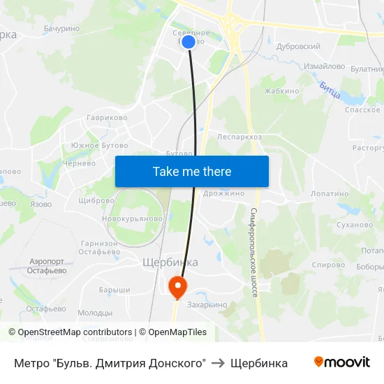 Метро "Бульв. Дмитрия Донского" to Щербинка map