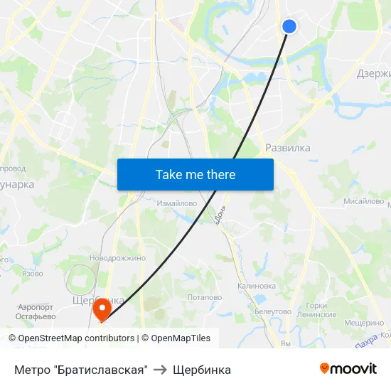 Метро "Братиславская" to Щербинка map