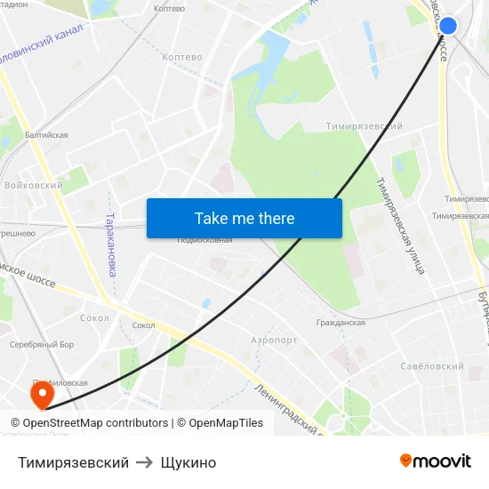Тимирязевский to Щукино map