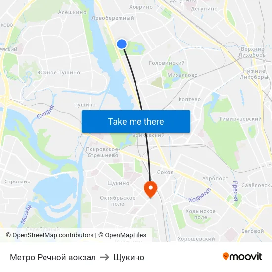Метро Речной вокзал to Щукино map
