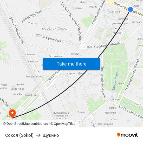 Сокол (Sokol) to Щукино map