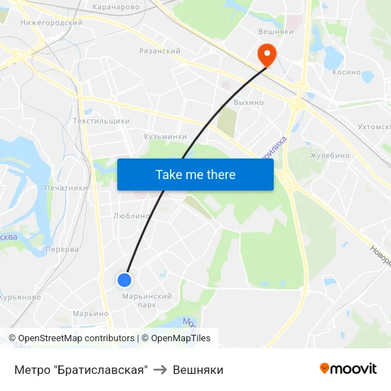 Метро "Братиславская" to Вешняки map