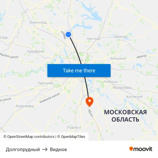 Долгопрудный to Видное map
