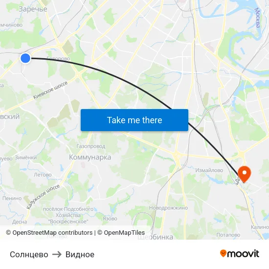 Солнцево to Видное map