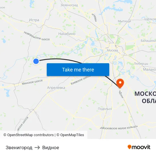 Звенигород to Видное map
