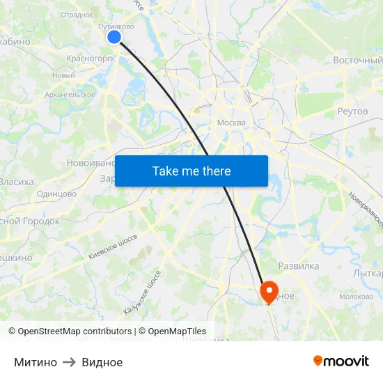 Митино to Видное map