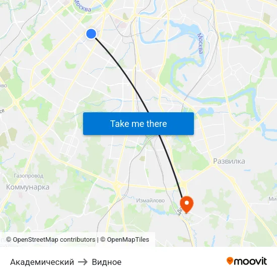 Академический to Видное map