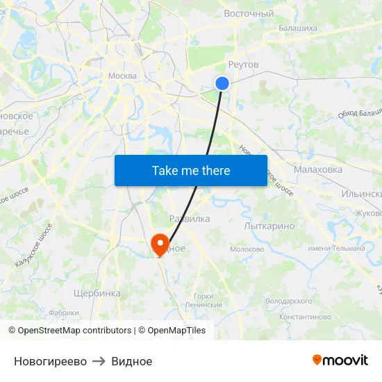 Новогиреево to Видное map