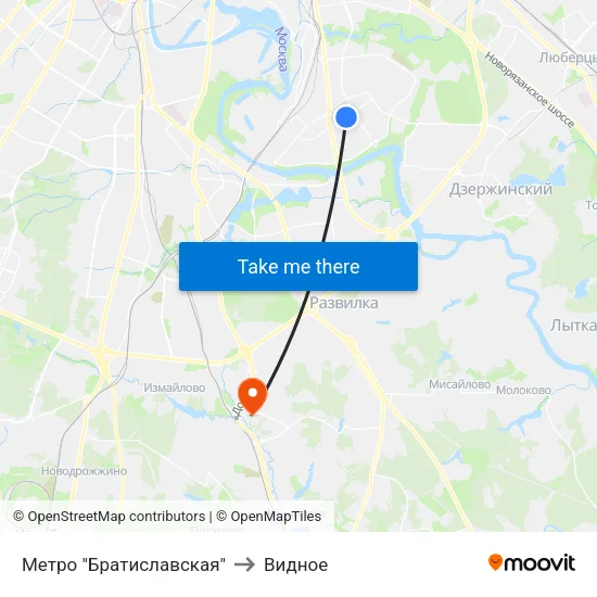 Метро "Братиславская" to Видное map