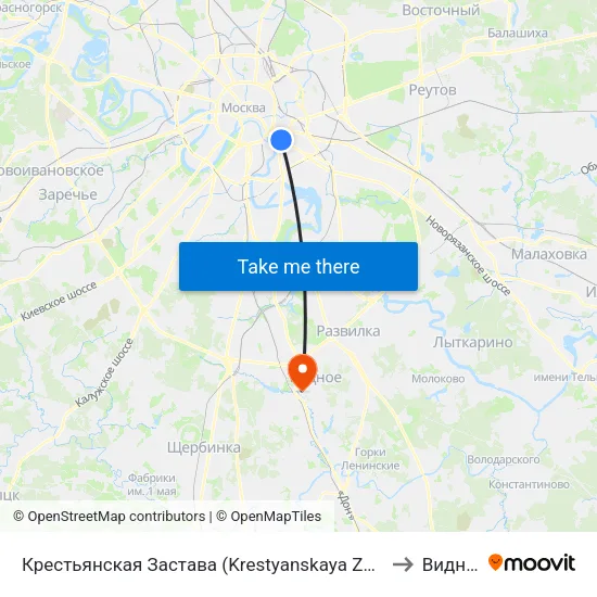 Крестьянская Застава (Krestyanskaya Zastava) to Видное map