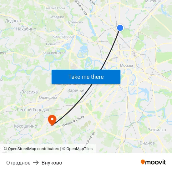 Отрадное to Внуково map