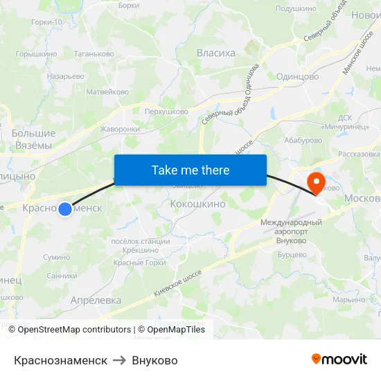 Краснознаменск to Внуково map