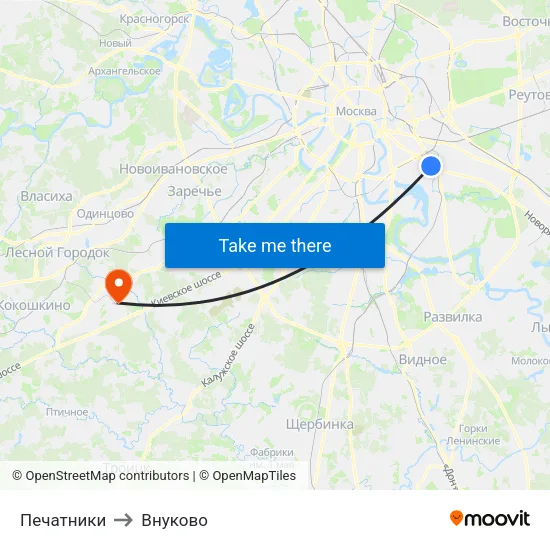 Печатники to Внуково map