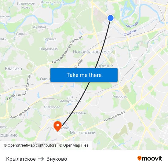 Крылатское to Внуково map